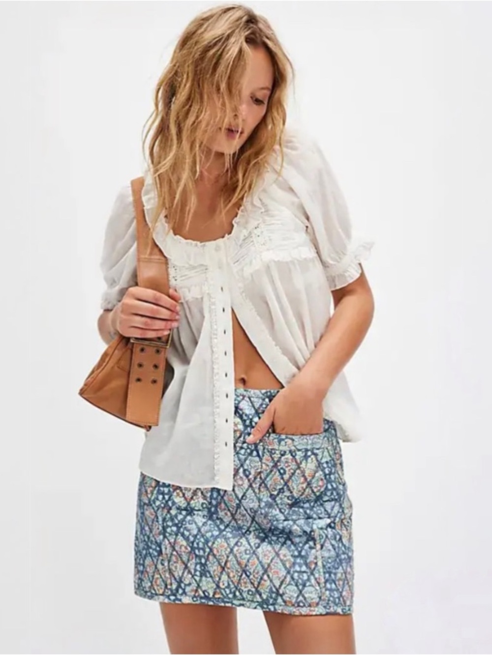 Free People Darla Quilted Mini Skirt Blue and Peach Floral Sz 4 Cottage Dainty